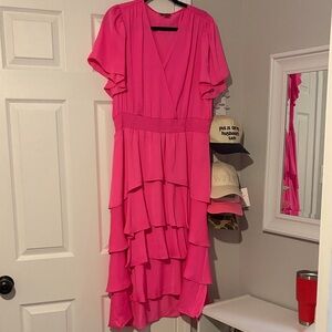 Vince Camino Bright Fuchsia Tiered V-Neck Midi Dress